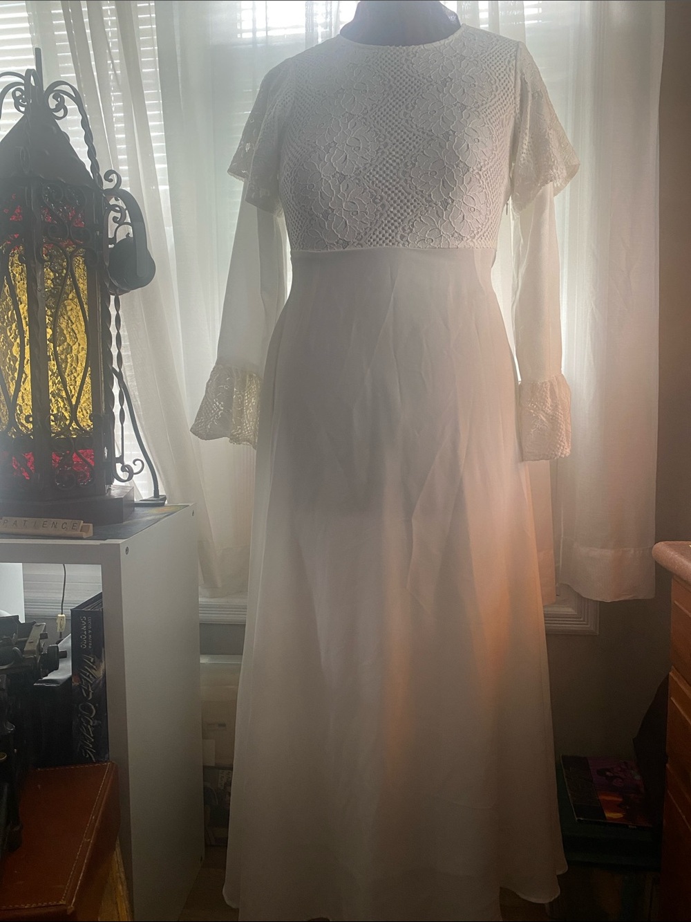 Polagram White Lace Bodice Long Sleeve Maxi Gown